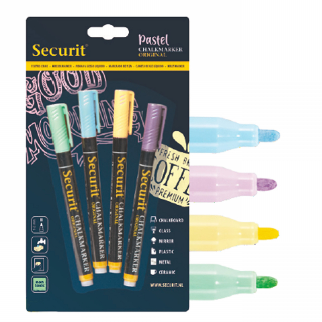 Marcatori dai colori brillanti resistenti allo sbiadimento e alle sbavature. Si eliminano dalle superfici semplicemente con un panno umido. Ideali su superfici come vetro, plastica e metallo. Punta fine da 1 a 2mm.  In blister nell'assortimento PASTEL: az