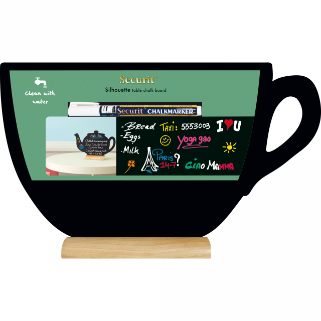 Formate da una base in legno duro laccato che sorregge una lastra removibile e scrivibile da entrambi i lati. Fornite con un marcatore a gesso liquido bianco.