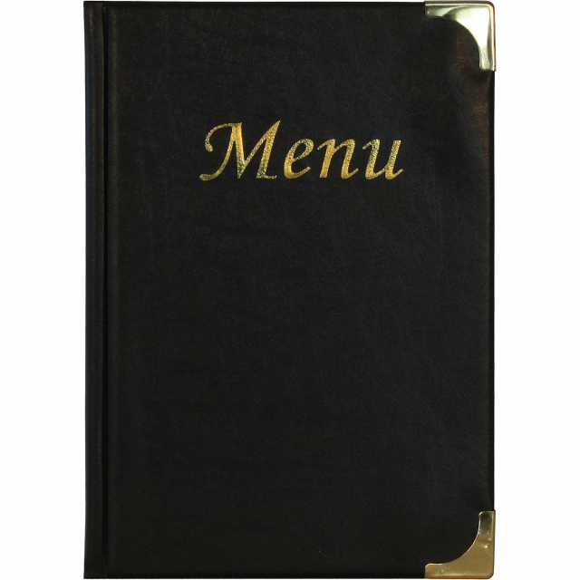 Porta menu' in pvc semplice e classico con angoli in metallo dorato. Formato da 4 buste trasparenti saldate sul dorso e 2 buste saldate sulle facce interne della copertina (per contenere in totale di 10 fogli formato a5