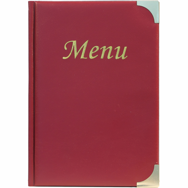 Porta menu' in pvc semplice e classico con angoli in metallo dorato. Formato da 4 buste trasparenti saldate sul dorso e 2 buste saldate sulle facce interne della copertina (per contenere in totale di 10 fogli formato A5