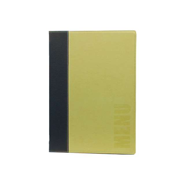 Porta menù in similpelle dai colori vivaci ed originali. L'ottima qualità del prodotto e la facilità nella pulizia lo rendono forte e di lunga durata. Comprende 1 inserto doppio interno (per 4 fogli) in plastica cristallo, trattenuto da un elastico sul do