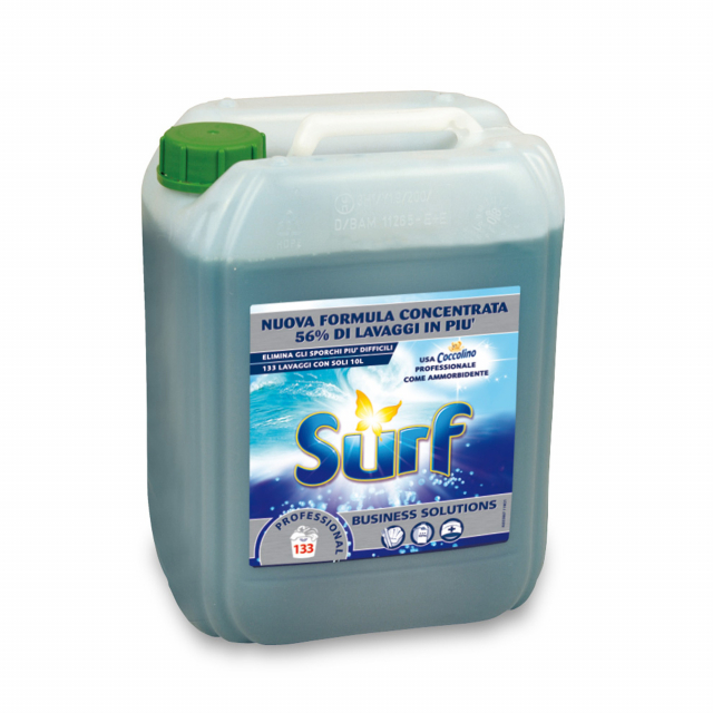 Surf liquido lavatrice detersivo professionale in tanica da 10 litri. Garantisce eccellenti risultati in ogni condizione di durezza dell'acqua. Rimuove le macchie pi¨ difficili anche a basse temperature, rispettando tessuti e colori. Nuova formula concent