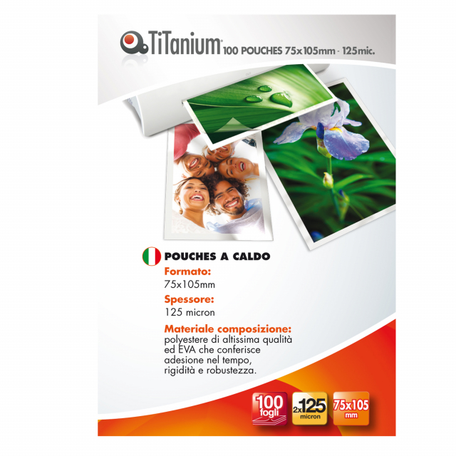 Pouches a caldo 
Formato: Jumbo card (75x105mm)
Spessore micron: 2x125mic
Pezzi per cf: 100
Materiale composizione: polyestere di altissima qualità ed EVA 
che conferisce adesione nel tempo, rigidità e robustezza