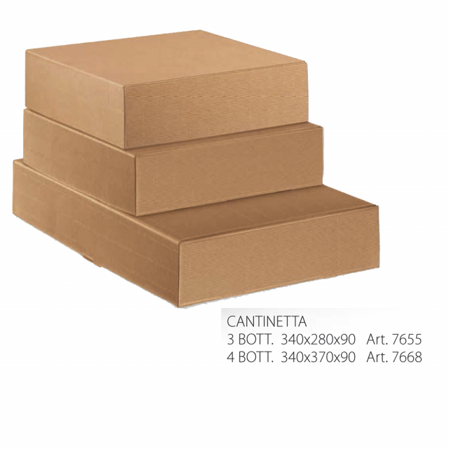 Scatola in cartone Onda colore avana. Dotata di un inserto asportabile per poter contenere fino a 3 bottiglie. Dimensioni: 34x28x9cm. L'articolo è fornito senza nastri e decori.