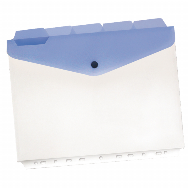 Buste A4 con bottone e foratura universale per archiviazione all'interno dei raccoglitori. Le buste sono dotate di separatori con cavalierino estraibile. Spessore 180 micron. F.to utile 21x29,7cm. Confezione da 5 buste.