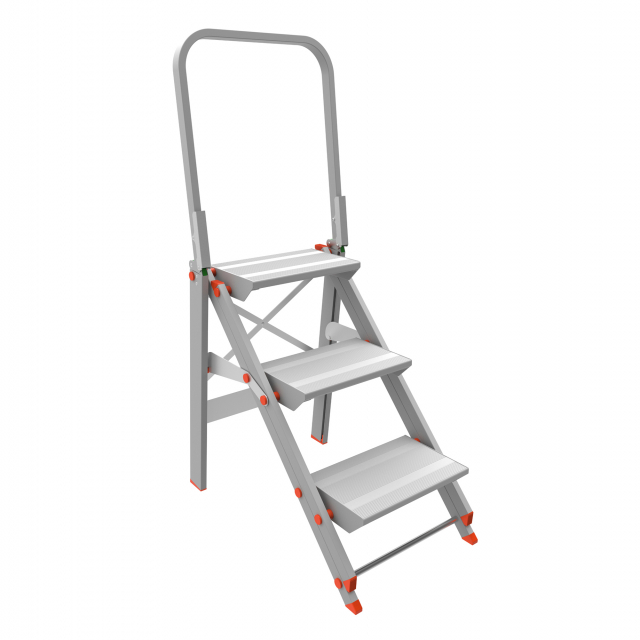 Scale robuste leggere e resistenti in alluminio anodizzato. Salita comoda grazie ai gradini piani con doppio profilo rinforzato, antisdruciolo 360x230mm. Dotate di parapetto da 60cm richiudibile ad innesto automatico. Altezza piattaforma 0,69m. UNI EN 131