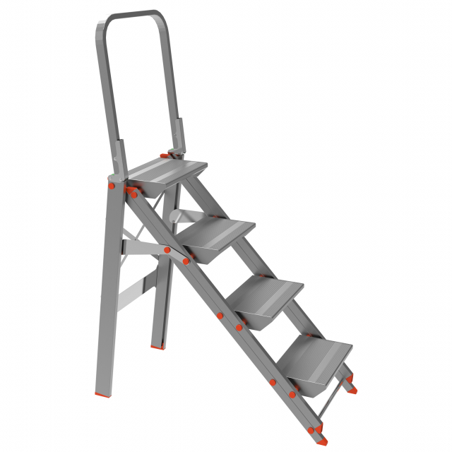 Scale robuste leggere e resistenti in alluminio anodizzato. Salita comoda grazie ai gradini piani con doppio profilo rinforzato, antisdruciolo 360x230mm. Dotate di parapetto da 60cm richiudibile ad innesto automatico. Altezza piattaforma 0,92m. UNI EN 131