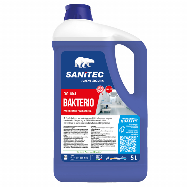 Disinfettante per uso ambientale con attività battericida e fungicida Presidio Medico Chirurgico Registrazione n°15446 del Ministero della Salute. BAKTERIO Pino Balsamico Per la disinfezione di tutti gli ambienti, toglie ogni traccia di sporco, elimina i 