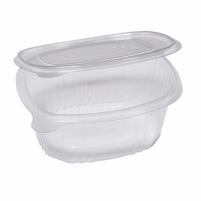 Contenitori ovali in PET con coperchio incernierato. Ideali per cibi freddi, con conservazione in frigo e freezer.
Modello:  G2-750
Dimensioni superiori esterne: 16 x 13,5cm
Dimensioni superiori interne: 14,1 x 11,2cm
Fondo: 12,8 x 10cm
Altezza: 6,2

Capa