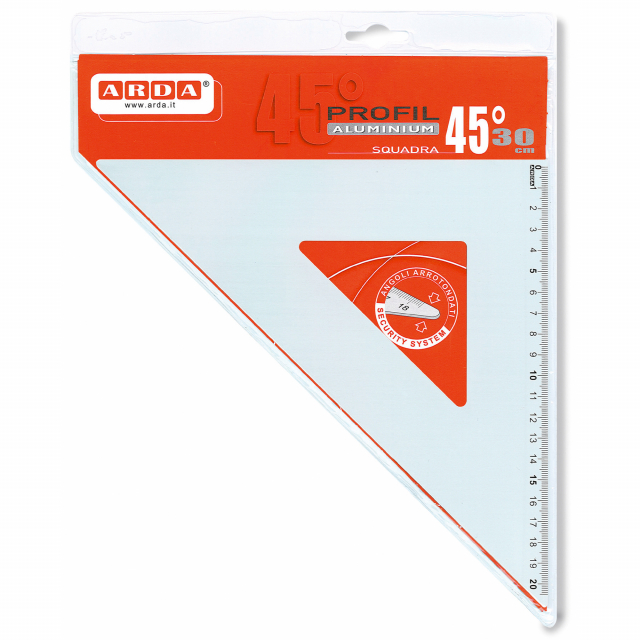 Articolo di precisione in alluminio anodizzato. Squadra dotata di smusso e millimetratura incisa. Confezione in busta di PVC.