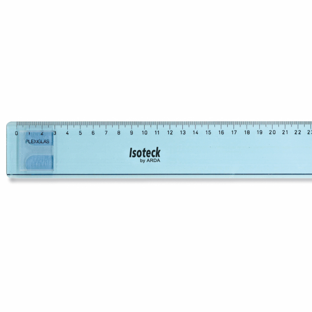Riga per parallelografo in plexiglass colore azzurro ottico. Graduazione incisa. In busta PVC.