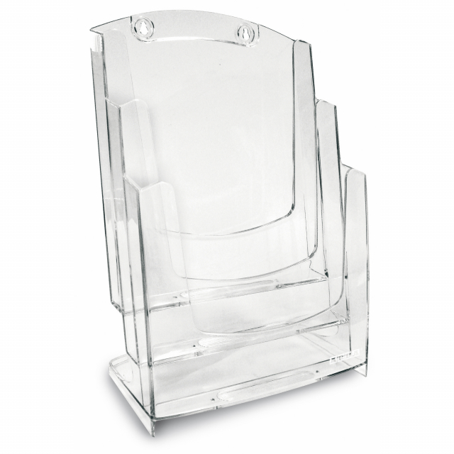 Portadepliant da parete e da banco a tasca multipla (3 tasche f.to a4). Design pulito ed essenziale, in materiale plastico perfettamente trasparente con dorso leggermente inclinato per garantire la massima stabilitàdel materiale esposto. Dimensione 23,7x3