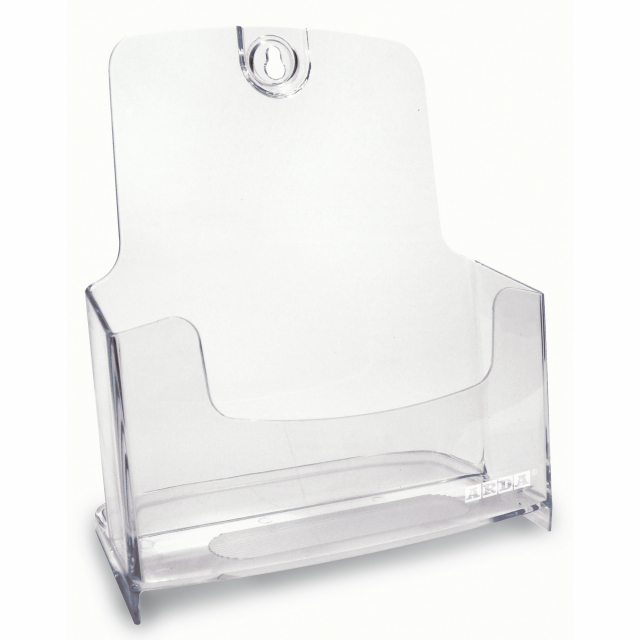 Portadepliant da parete e da banco a tasca singola f.to A5. design pulito ed essenziale, possono entrare uno nell'altro così da guadagnare spazio sul banco. In materiale plastico perfettamente trasparente con dorso leggermente inclinato per garantire la m