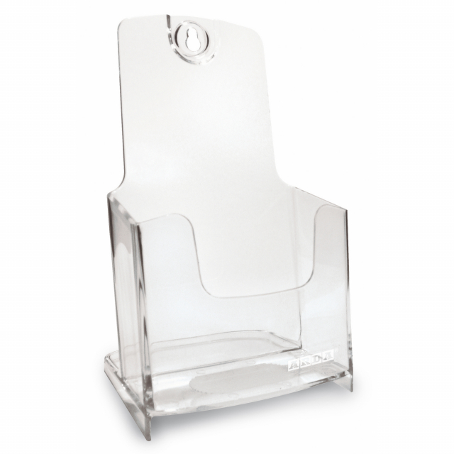 Portadepliant da parete e da banco a tasca singola f.to 1/3 a4. Design pulito ed essenziale, possono entrare uno nell'altro così da guadagnare spazio sul banco. in materiale plastico perfettamente trasparente con dorso leggermente inclinato per garantire