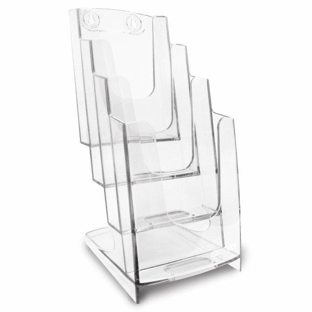 Portadepliant da parete e da banco a tasca multipla (4 tasche f.to 1/3 a4). Design pulito ed essenziale, in materiale plastico perfettamente trasparente con dorso leggermente inclinato per garantire la massima stabilitÓ del materiale esposto. Dimensione 1