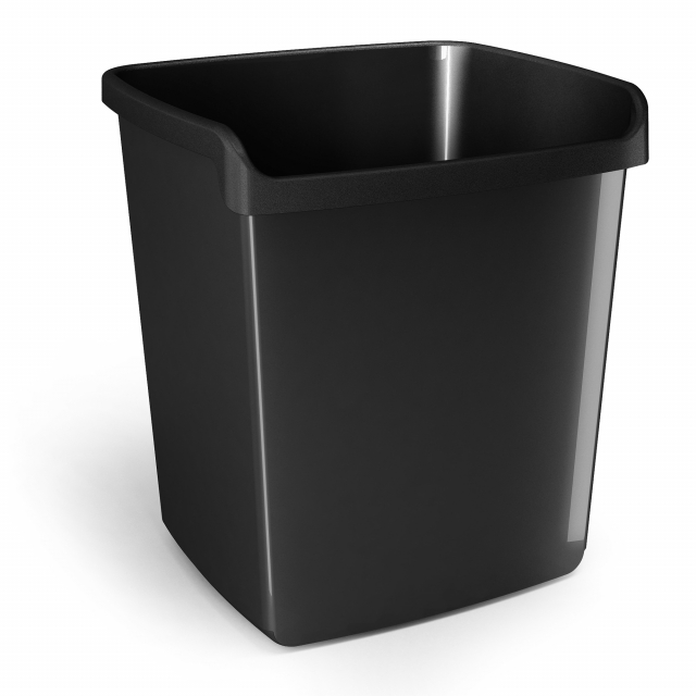 Linea di accessori da scrivania di qualità e stile. Realizzata in materiale infrangibile con accostamenti di finiture lucide e satinate. Cestino impilabile dalla forma rettangolare. Bordo ripiegato per facilitarne la presa. Capacità 15Lt. Dimensioni: 28,7
