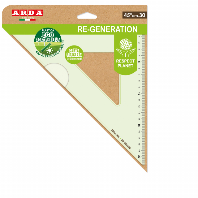 Squadra 45° 30cm realizza in materiale plastico ecosostenibile riciclabile al 100%. Con smusso, tirachina e bordo interno. Punte arrotondate di sicurezza. Fornita in astuccio realizzata in carta riciclata.