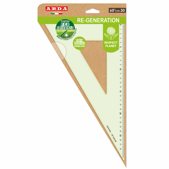 Squadra 60° 30cm realizza in materiale plastico ecosostenibile riciclabile al 100%. Con smusso, tirachina e bordo interno. Punte arrotondate di sicurezza. Fornita in astuccio realizzata in carta riciclata.