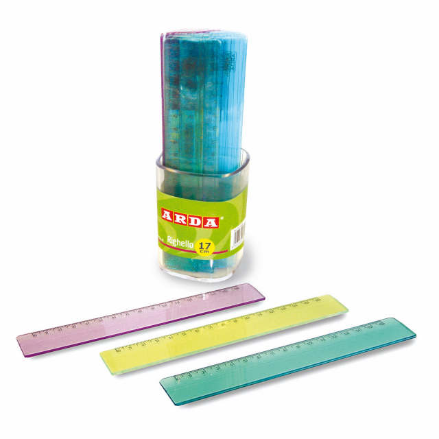 Righello 17cm, stretto 3cm, in materia plastica termoresistente speciale di grande trasparenza e durezza superficiale. Colori fluorescenti assortiti.