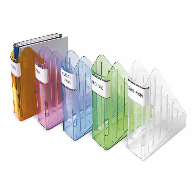 Portariviste Transparent Colors materiale antiurto molto resistente. Grazie alla profondità maggiorata rispetto allo standard può contenere anche formati extra. Sede per applicare etichette identifi cative su entrambi i lati. Pratico e funzionale. Dimensi