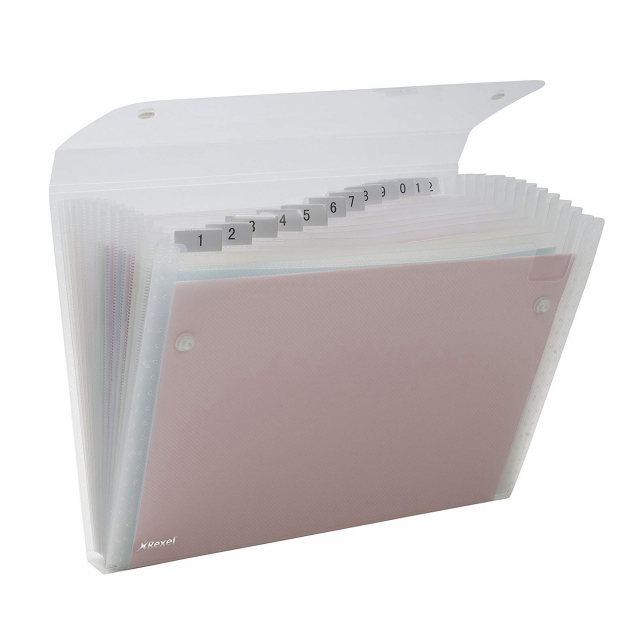 Cartelle a soffietto ICE realizzate in robusto polipropilene color trasparente  traslucido. Contiene 13 scomparti dotati di cavalierino trasparente ed etichette per la personalizzazione. Formato utile: 22x30cm.