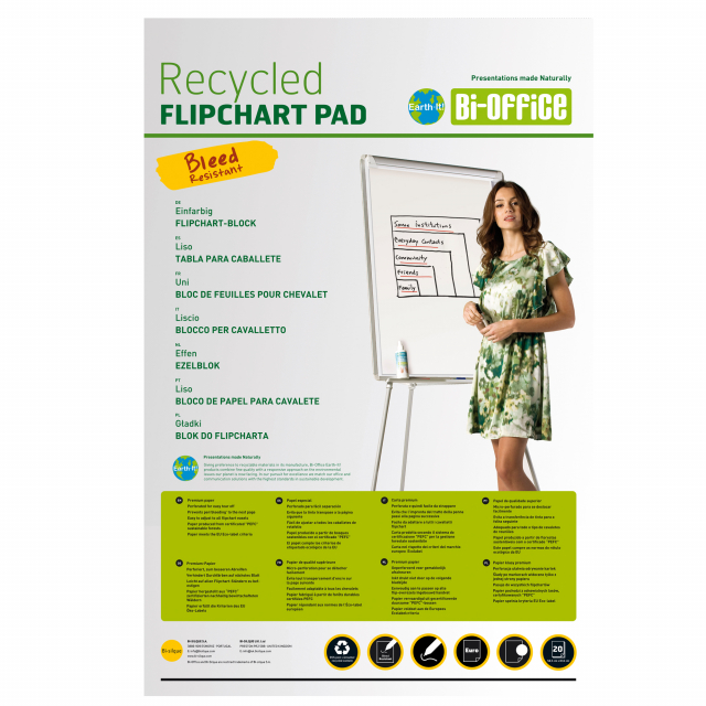 Maxiblocco da 50 fogli 65x98cm in carta riciclata al 100% per lavagne a fogli mobili. Carta bianca da 70gr con foratura a 6 fori standard per adattarsi a tutti i portablocchi.