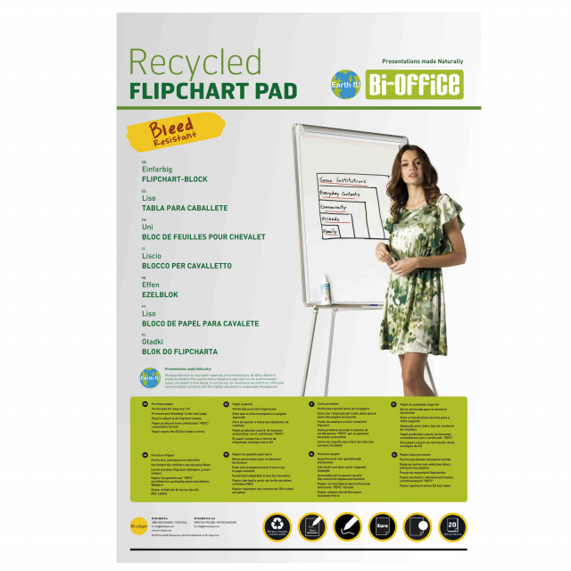 Maxiblocco da 20 fogli 65x98cm in carta riciclata al 100% per lavagne a fogli mobili. Carta bianca da 70gr con foratura a 6 fori standard per adattarsi a tutti i portablocchi.