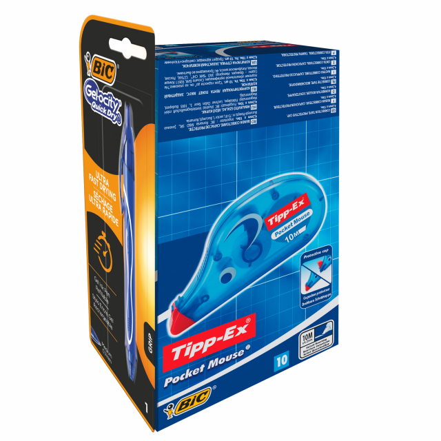 Promo box da 10 correttori a nastro Tipp-Ex Pocket mouse 4.2mm x 10mt, in omaggio una penna Gelocity QuickDry.