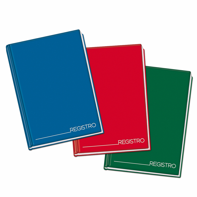 Registro con copertina cartonata da 1200gr rivestita in papercoat (similpelle) da 250 gr. Rilegatura a filo. Carta da 70gr. Colori assortiti rosso, blu e verde. 
Dimensione 210x297mm. Rigatura 1 rigo. 96 fogli f.to protocollo. (384 facciate f.to A4).