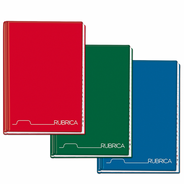 Rubrica con copertina cartonata da gr 1200 rivestita in papercoat (similpelle) da 250gr. Rilegatura a filo, 1 rigo. Carta da 70gr. Colori assortiti rosso, blu, verde.
Formato A4-210x297mm. 48 fogli.