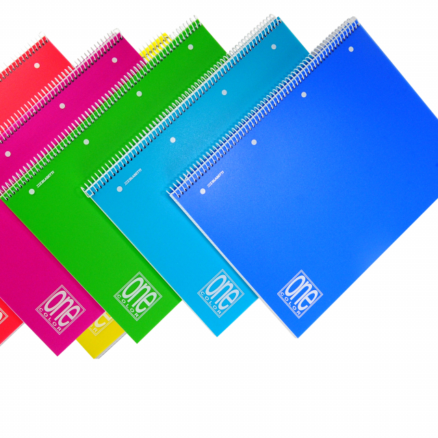 Maxiquaderno spiralato sul lato lungo. Formato 22,2x29,7cm. 80 fogli (160 facciate scrivibili). Carta da 80 gr/mq. Doppia copertina in polipropilene nei colori assortiti One Color. Cartoncino di rinforzo bianco/bianco da 600 gr/mq. Spirale a molla.