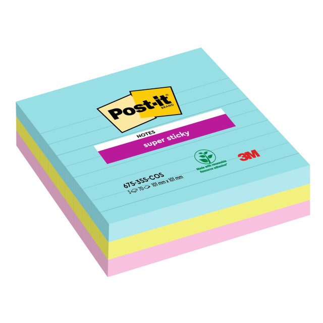 Foglietto Post-it® Super Sticky con adesivo rinforzato può essere applicato anche su superfici difficili e ruvide. Blocchetti da 70 fogli cad: colori Cosmic: acqua, verde acido, rosa tropicale. Formato 101x101mm.