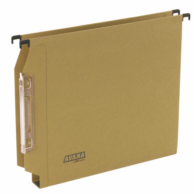 Linea economica e di alta qualitÓ. Realizzate in cartone avana termoincollato 220g. Aste di sospensione in filo dÆacciaio. Portacartellino ad effetto lenticolare da 14cm. Sistema di collegamento ad incastro. Formato esterno 32,6x27,5cm. Interasse 33cm. F