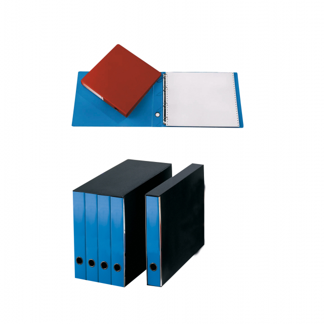 Portatabulati ad anelli  in robusto fibrone con meccanismo a 4 anelli e occhiello nel dorso per estrazione. Colore azzurro, formato 31,5x29cm. Per moduli continui formato 24x11/12 pollici. Dorso 5 cm.