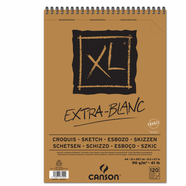 Carta fine extra bianca per tecniche secche. Elevato punto di bianco senza acidi. Perfetta per schizzi e disegni. Fogli microperforati.