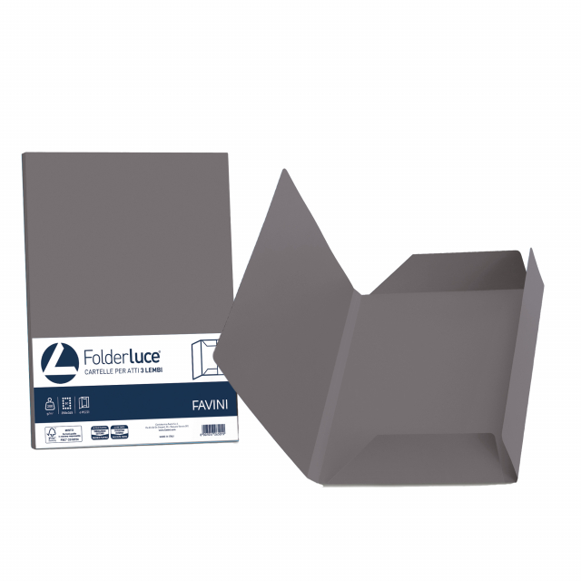 Cartellina a tre lembi in cartoncino bristol da 200gr liscio su ambo i lati. Il fondo dei tre lati presenta lembi fustellati e ripiegati. Formato 245x345mm.