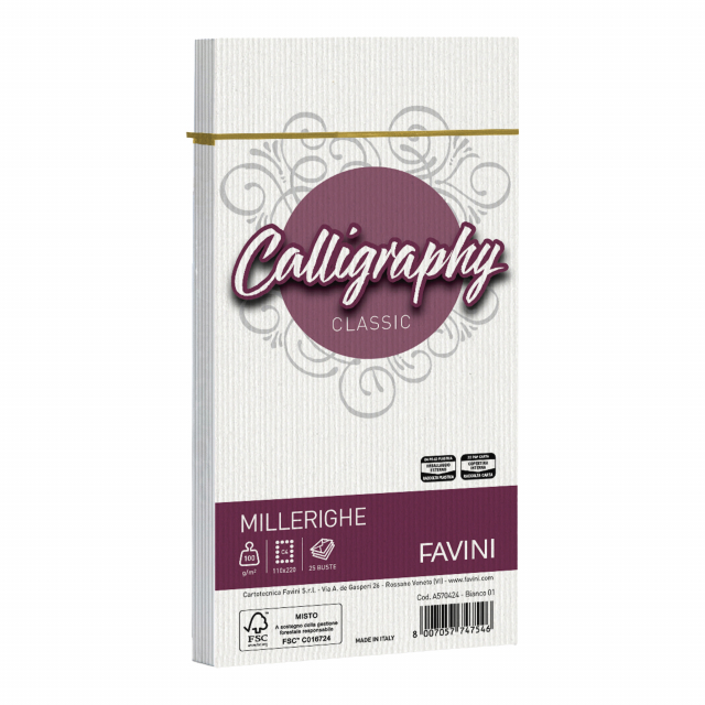 Busta adesiva con strip da 100 grammi in carta Calligraphy con tramatura millerighe. Formato 110x220mm.