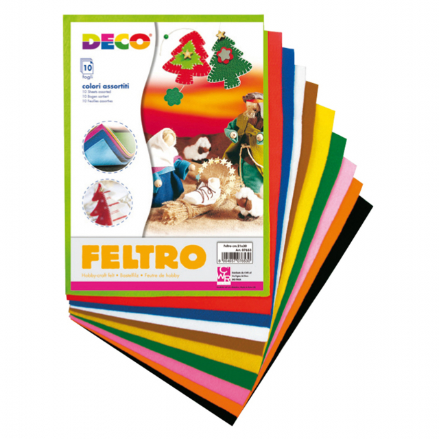 IL FELTRO E' UN PARTICOLARE MATERIALE COMPOSTO DA FIBRE DI LANA PRESSATE. PER LA SUA MORBIDEZZA E RESISTENZA E' MOLTO UTILIZZATO PER REALIZZARE ABITI PER BAMBOLE, BURATTINI E TANTI ALTRI OGGETTI! CONFEZIONE DA 10 FOGLI IN COLORI ASSORTITI.