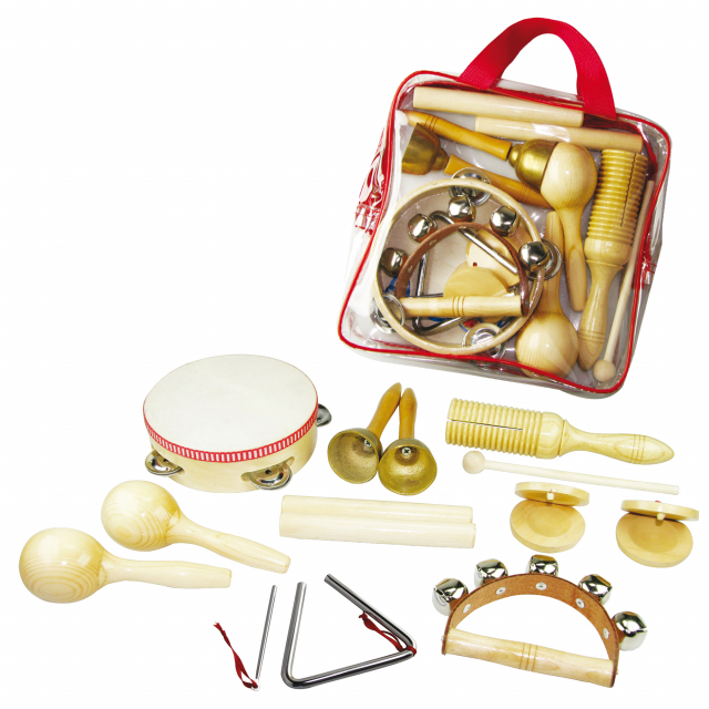 Composto da 1 guiro in legno, 1 coppia di campanelle, 1 tamburello, 1 coppia di nacchere, 1 coppia di clave, 1 coppia di maracas in legno, 1 maniglia con campanelli, 1 triangolo in acciaio con battente.