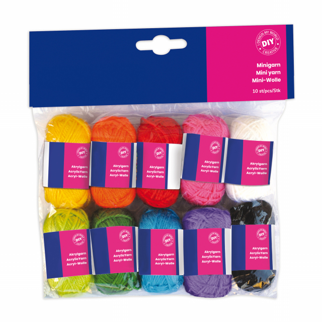 Filati in 100% acrilico, lunghezza 36mt cad. Confezione di 10 matasse in colori assortiti: bianco, giallo, arancione, rosso, viola, rosa, blu, verde chiaro, azzurro e nero.
