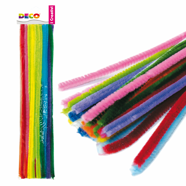 Ciniglia animata con diametro da 9mm. Stelo da 30cm. Colori assortiti. Busta da 30 fili.