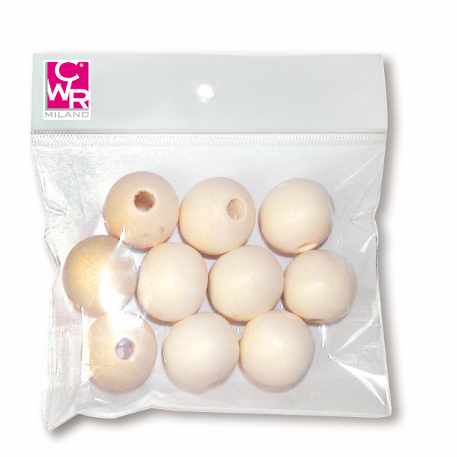 Sfere decorative con foro, in legno naturale Ø20mm. Busta da 10 pezzi.