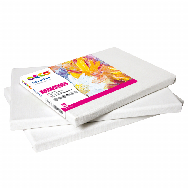 Tela con telaio, spessore 16mm realizzato in cotone 100% acid free, grana media. Supporto perfetto per colori a olio, tempera e acrilici.