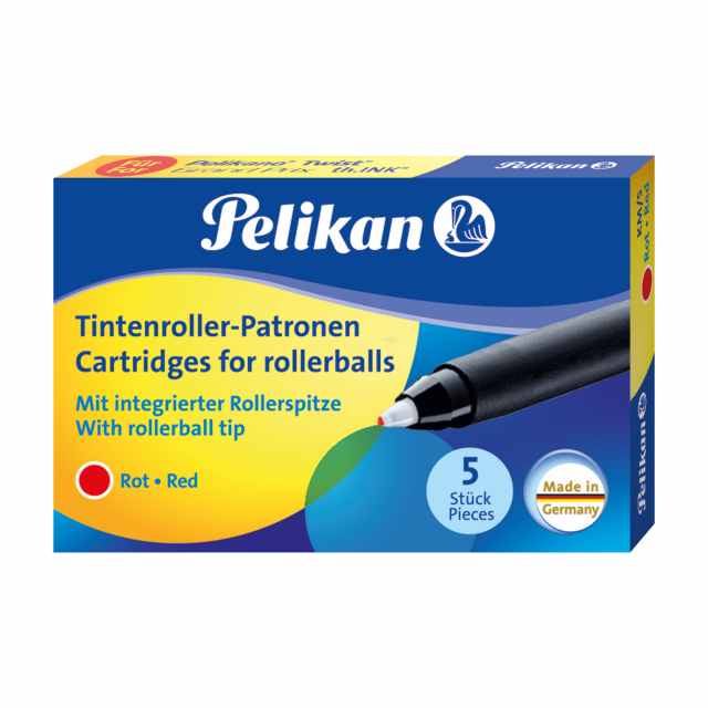 Ricariche per penne roller sferografiche Twist® con punta integrata. Colore rosso cancellabile con SuperPirat. Scatola da 5 cartucce.