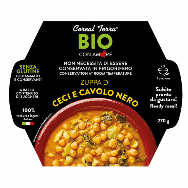 Zuppa di ceci e cavolo nero senza conservanti con verdure e legumi italiani.

Ingredienti: Ceci* 37%, acqua, cipolla*, carota*, cavolo nero* 5%, olio extra vergine di oliva*, SEDANO*, sale marino, porro*, SEDANO RAPA*, polpa di pomodoro*, doppio concentra