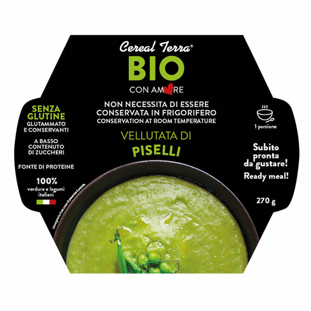 Vellutata di  piselli senza conservanti con verdure e legumi italiani.

Ingredienti: Piselli* 46%, acqua, cipolla*, olio extravergine di oliva*, sale marino. *BIOLOGICO