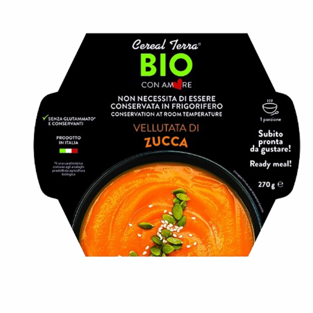 "Vellutata di  zucca senza conservanti con verdure e legumi italiani.
Ingredienti: Purea di zucca*43% (agricoltura Italia), ac¬qua, carota*, cipolla*, olio extra vergine di oliva*, dop¬pio concentrato di pomodoro*, sale marino, curcuma*, antiossidante: es
