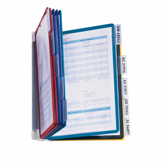 Leggio da parete robusto e performante. Composto da un supporto da muro in acciaio rivestito in plastica e 10 pannelli espositivi in ppl sherpa« A4 colori assortiti e cavalierini personalizzabili e removibili.