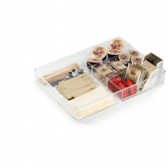 ORGANIZER da CASSETTO COFFEE POINT dotato di 6 scomparti per ospitare tutto il necessario per la preparazione delle bevande calde e accompagnatori (cioccolatini, biscotti, snack). Dimensione: H4,8 x L24,2 x P32,9cm.  Materiali di ottima qualità lavabili i