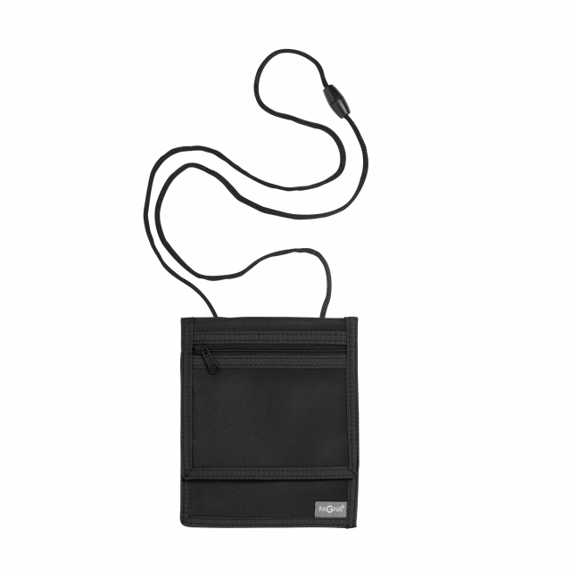 Portadocumenti da collo "Basic", 16x13 cm, in nylon, con resistente cordoncino dotato di sgancio di sicurezza antisoffocamento, scomparto per banconote e chiusura a cerniera sul lato frontale; scomparto sul retro, 2 facciate per banconote, 2 facciate con